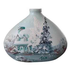 Vintage Hand Painted Winter Scene Vase – Signed Tifo – Canadian Folk Art